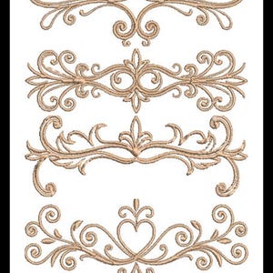 May include: Four ornate, gold-colored embroidery designs. Each design features scrolling flourishes and symmetrical patterns. The designs are set against a white background, with a black border. The designs are suitable for embroidery projects.