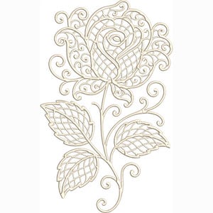 Puede incluir: Un intrincado diseño floral color crema que presenta una rosa con pétalos y hojas detallados. La rosa está sobre un tallo con hojas y delicados remolinos, todo sobre un fondo blanco. El diseño recuerda al encaje o al bordado.