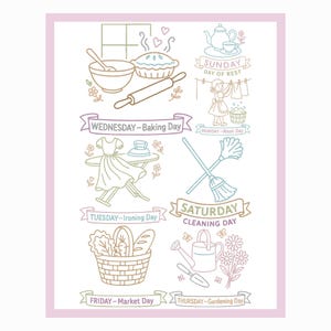 Broderimönster med vintage-motiv för veckans dagar: Digitala designer för maskinsömnad, heminredning