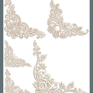 Può includere: Una collezione di motivi floreali angolari beige. Ogni design presenta dettagli intricati di fiori, foglie e motivi a spirale. I design sono adatti a vari progetti artigianali, come lo scrapbooking o la creazione di biglietti.