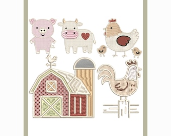 May include: An embroidered farm scene featuring a pink pig, a cow with a heart, a hen with chicks, a barn, and a rooster. The designs are in shades of red, tan, and pink, with a white background and a light green border.