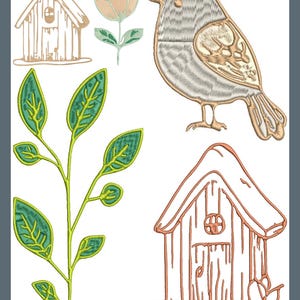 Puede incluir: Un diseño bordado con un pájaro, dos casas para pájaros, una flor y una rama con hojas. El pájaro es gris y marrón claro, las casas para pájaros y la flor son de color marrón claro y melocotón, y las hojas son verdes y amarillas.