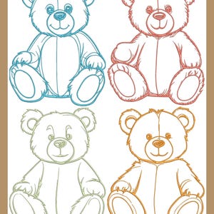 Puede incluir: Cuatro dibujos de contorno de osos de peluche en diferentes colores: azul, rojo, verde y naranja. Los osos están sentados con las patas delante de ellos.