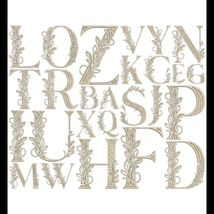 May include: A collection of beige-colored, decorative alphabet letters, each adorned with a leafy vine design. The letters are displayed against a white background, creating a classic and elegant aesthetic. The letters are in a serif font.