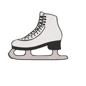 Könnte beinhalten: Ein weißer Eiskunstlaufschuh mit schwarzen Schnürsenkeln und einer schwarzen Klinge. Der Schuh hat ein weiß-schwarzes Muster.