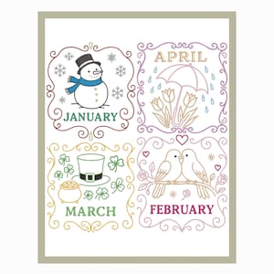 May include: A framed artwork featuring four seasonal illustrations. January shows a snowman, February has two birds, March includes a pot of gold and a hat, and April depicts an umbrella and flowers. Each image is framed with decorative borders.