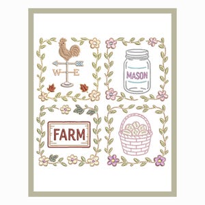 May include: A framed embroidery with farm-themed illustrations. It features a rooster weathervane, a mason jar with the word "MASON", a basket of eggs, and a sign that says "FARM". Each image is surrounded by a floral border.