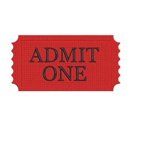 以下が含まれることがあります： 黒文字で「ADMIT ONE」と書かれた赤い紙のチケットです。