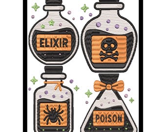 May include: Four embroidered potion bottles with black liquid and labels reading "ELIXIR" and "POISON". One bottle has a skull and crossbones, another a spider. Green and purple accents.