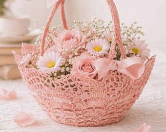 Vintage Crochet Lace Basket Pattern PDF, Ribbon Trim Crochet Basket, Decorative Thread Crochet Basket, Heirloom Crochet Home Decor.