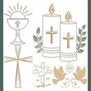 May include: A selection of religious embroidery designs. The image shows a chalice, candles with crosses, a large cross, a cross with a dove, and two doves with a heart. The designs are in gold and white, with green accents on a white background.