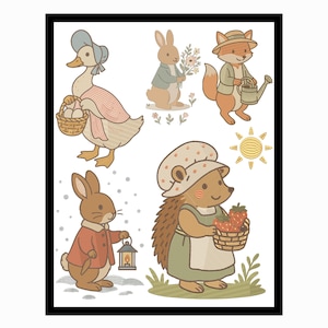 Könnte beinhalten: Eine skurrile Illustration mit einer Ente, einem Kaninchen, einem Fuchs und einem Igel, die jeweils in einem bezaubernden Vintage-Stil dargestellt sind. Die Tiere sind mit verschiedenen Aktivitäten beschäftigt, mit einer Sonne im Hintergrund.