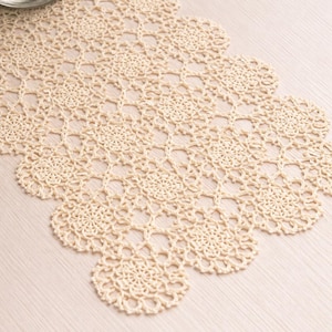 以下が含まれることがあります： クリーム色の、花の模様の入ったかぎ針編みのテーブルランナー。 ランナーは繊細なオープンウィーブ素材で作られており、明るい色の木製の表面に置かれています。 ランナーの端はスカラップのデザインになっています。