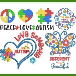 Puede incluir: Diseños bordados con piezas de rompecabezas, corazones, mariposas y signos de paz en varios colores. Los diseños incluyen el texto "Peace Love Autism", "Love Someone with Autism", "See the Able Not the Label", y "Different is Beautiful".