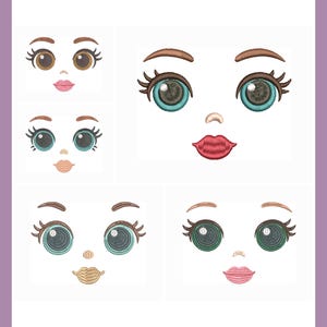 May include: Embroidered doll face designs featuring different eye colours, eyebrow shapes, and lip colours. The faces are set against a white backdrop with a lavender border. The eyes are detailed with eyelashes.