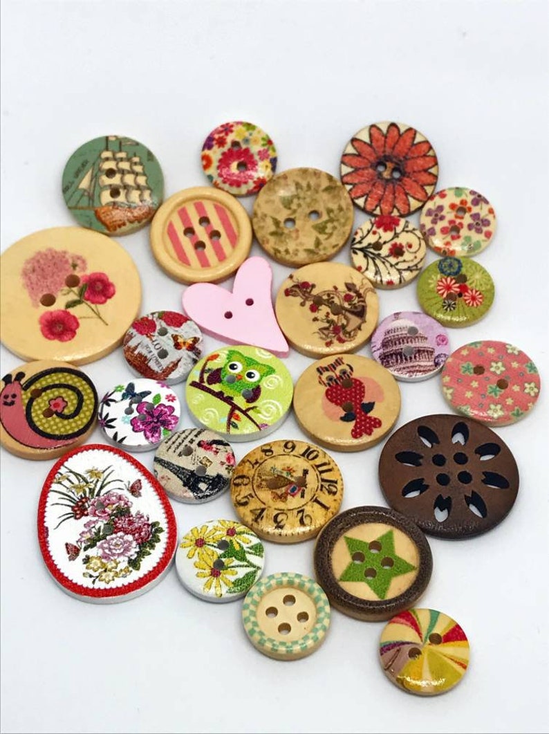 Lot of 25 different and random wooden buttons