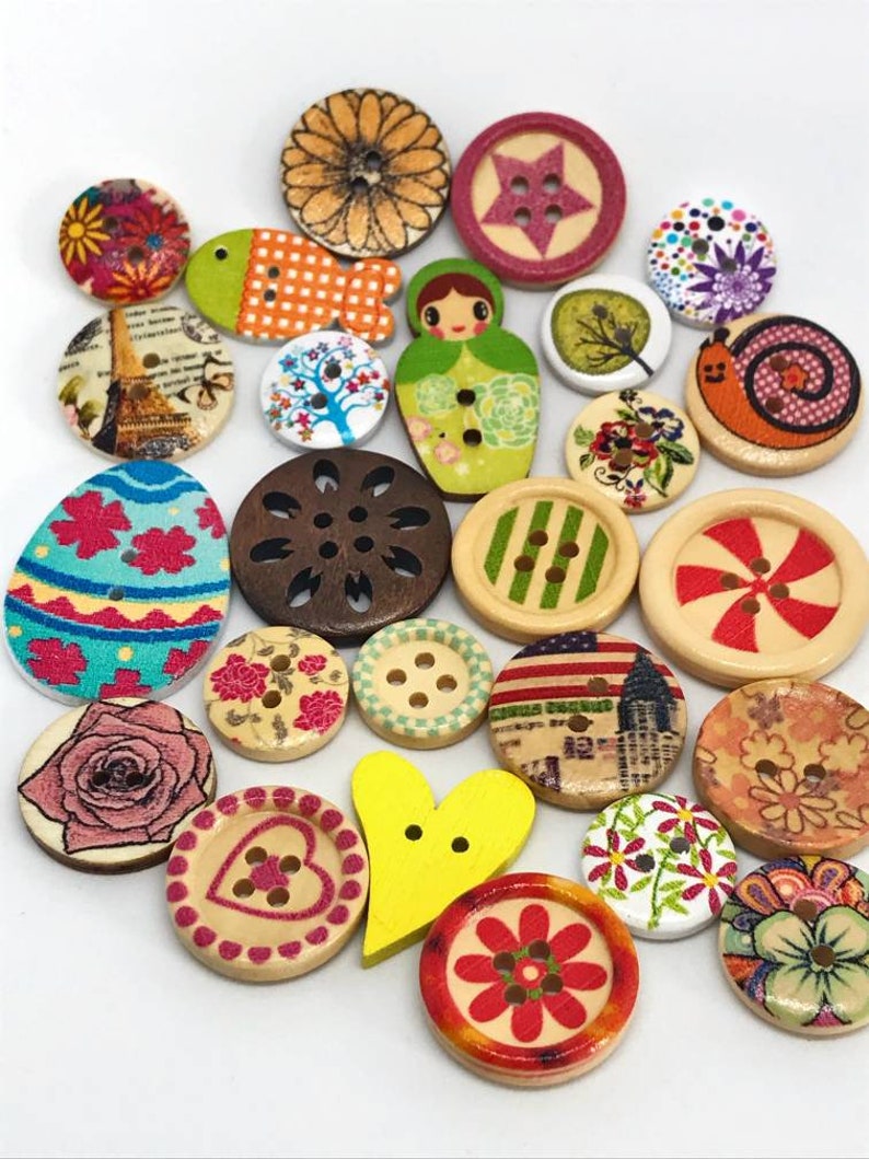 Lot of 25 different and random wooden buttons