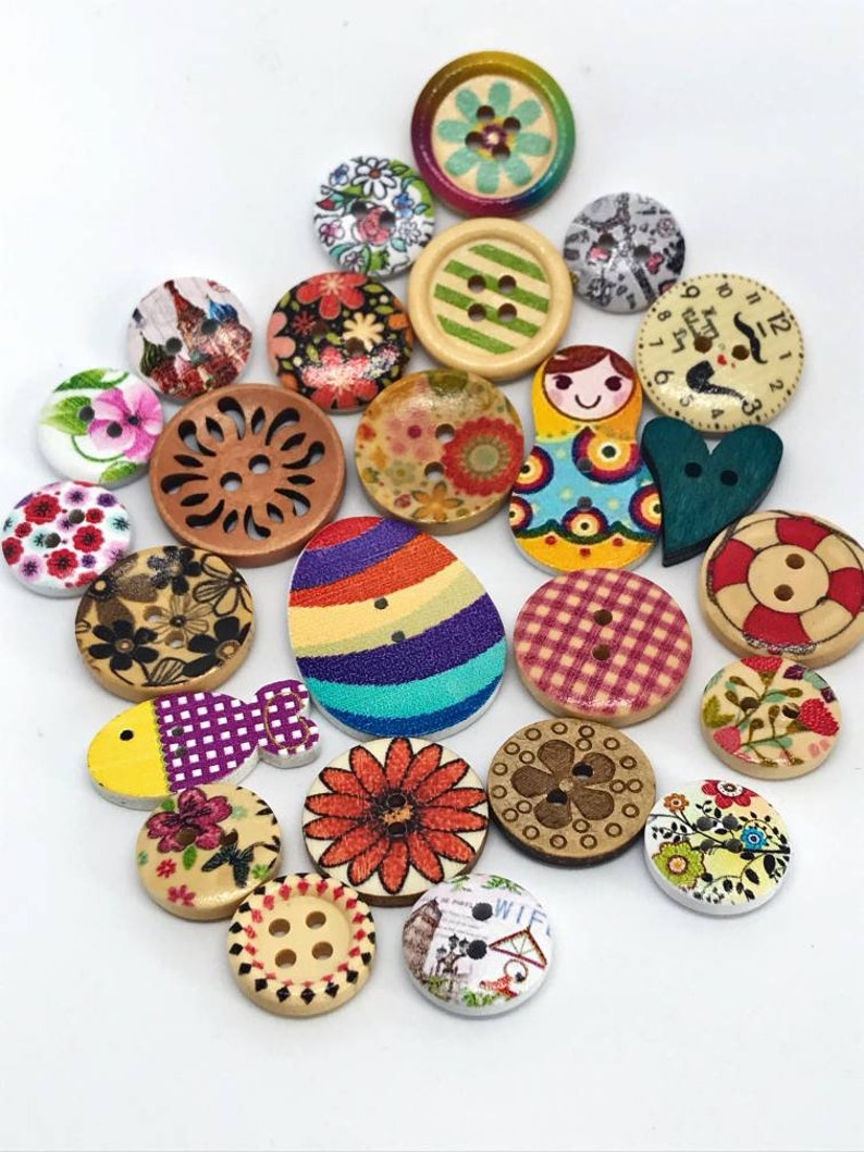 Lot of 25 different and random wooden buttons