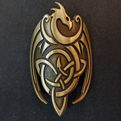 Ready to ship head badge for bicycle. Celtic Dragon bycicle insignia. Brass.
