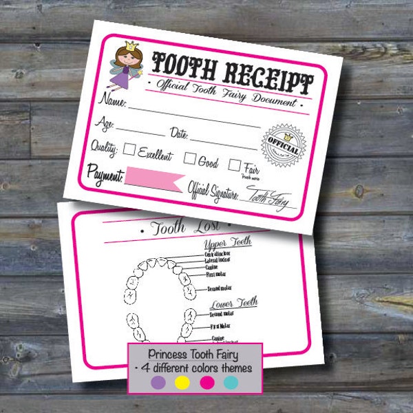 Tooth Fairy Receipt ~ With 4 different color themes, Tooth Fairy Certificate, Tooth Fairy accessories.