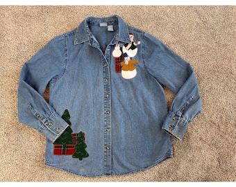 Holiday Editions Vintage Christmas Denim Shirt Snowman Plaid Tree Applique Med
