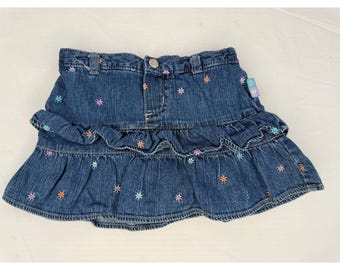 Vintage Y2K Carters Baby Girl Blue Denim Floral Embroidered Ruffle Skort 18 M