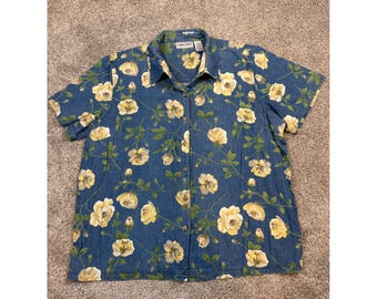 Vintage 100% Cotton Womens 22W Denim Floral Button Down Shirt Short Sleeve Blue
