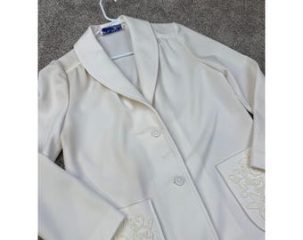 Vintage Samuel Grossman White Blazer Shawl Collar Embroidered Floral Pockets
