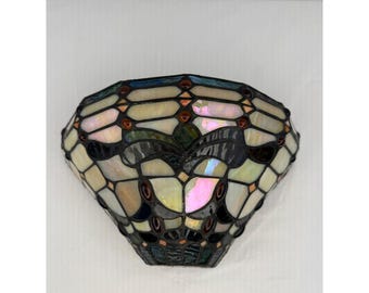 Vtg Tiffany Style Stained Glass Wall Sconce Iridescent Jewel Light 21174-435WS