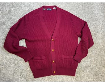 Cárdigan de punto acanalado de lana pura color burdeos de Austin Reed para hombre, talla grande, estilo vintage de Macao.