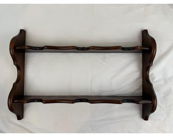 Vintage Wooden Country Granny Shelf 6-Hook Tea Cup & Saucer Cottage Rack Wall