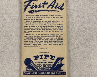 Folleto de índice de primeros auxilios vintage de la década de 1950, plegable, de acero estructural y de tuberías