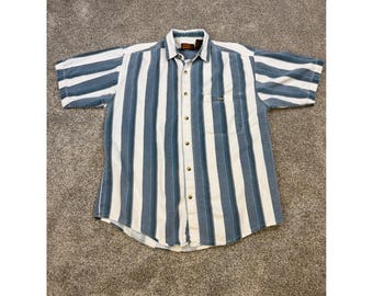 Koszula męska w paski w stylu vintage z lat 90. Faded Glory w kolorze niebieskim z krótkim rękawem i guzikami w rozmiarze L