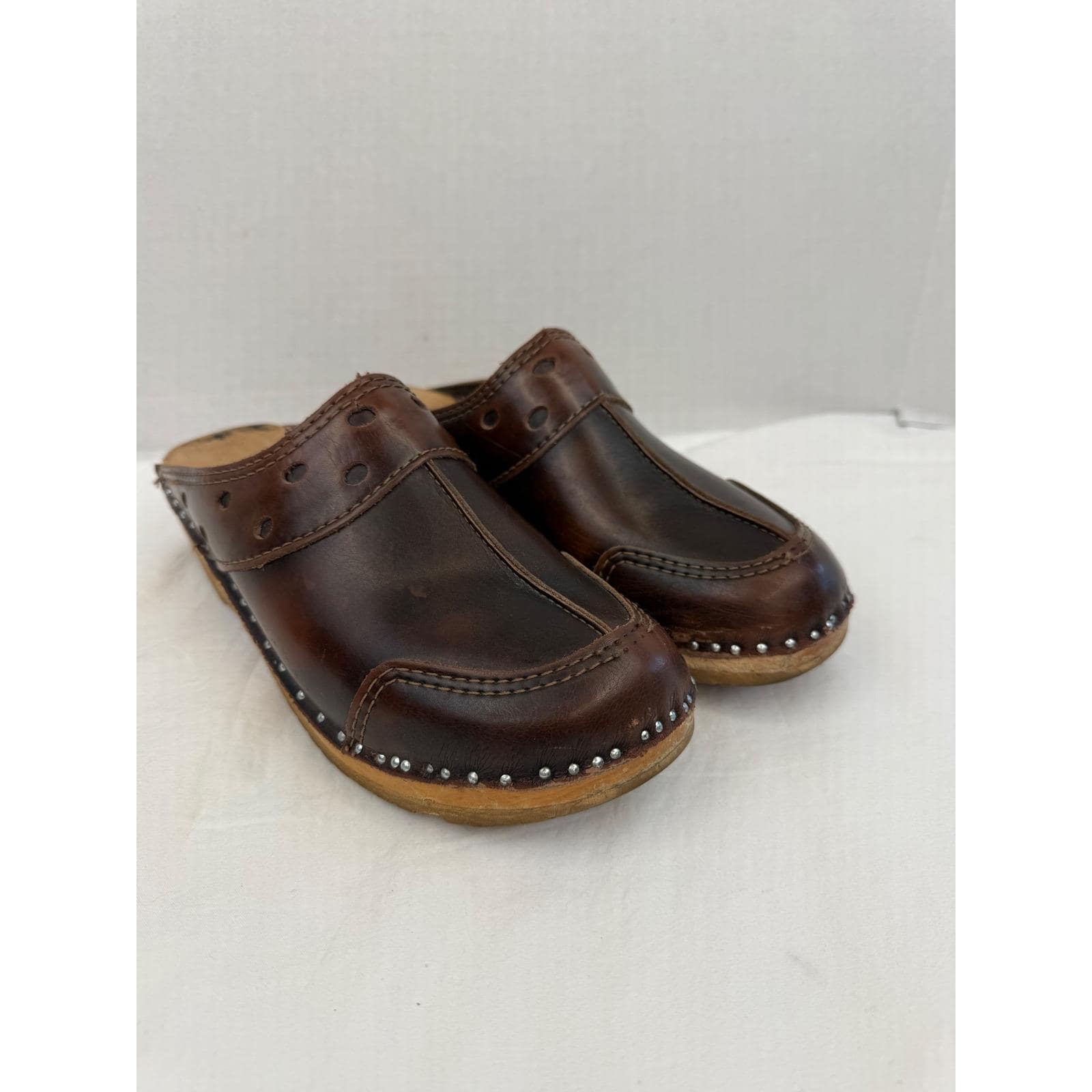 Troentorps of Bastad Ideal Vintage Brown Leather Wooden Clogs Sweden Size 38