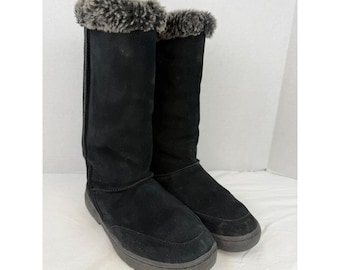 Czarne, zamszowe buty zimowe do połowy łydki w stylu vintage z wykończeniem ze sztucznego futra, rozmiar 9, damskie