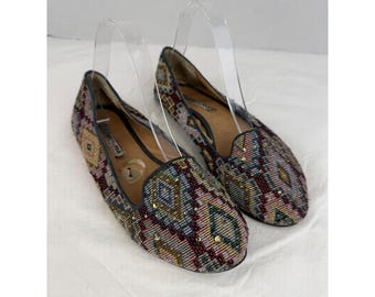 Vintage Celebrity Pink Tapestry Loafers Multi Color Geometric Studded Flats