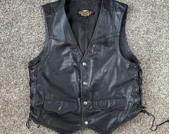 RARE Vintage Leather Vest With Tons of Harley Davidson Patches and