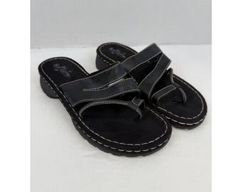 Vintage Y2K Self Esteem Cyndi Black Platform Sandals Thong Wedge Slides Size 10