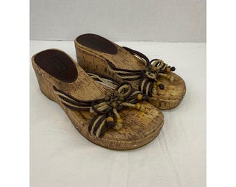 Arizona Jean Co Womens Brown Cork Wedge Sandals Beaded Jute Boho Slides Size 8