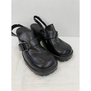 Vintage Y2K Black Chunky Goth Whimsy Platform Slingback Buckle Heels Womens 10