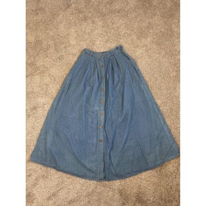 Vintage Granny Cottage Prairie Denim Maxi Skirt Blue Cotton Button Front Medium