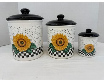 Vintage Cottage Granny Sunflower Canister Set 3 Piece Ceramic Checkered Polka