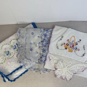 Vintage Lot of 3 Hand Stitched Embrodered Table Runners Scarf Sheer Flowers