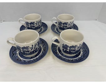 Juego de 4 tazas y platillos Churchill Blue Willow, fabricados en Inglaterra, color azul y blanco.