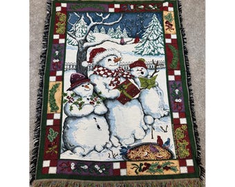 VTG Goodwin Weavers Schneemänner Caroling Gewebte Tapisserie Decke USA 60 "x 46"