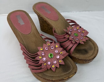 Bongo Vintage Pink Floral Rhinestone Wedge Sandals Y2K Cork Platform Slides