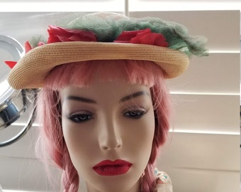 Vintage Beige Straw/silk Peek A Boo Summer Hat 1950s With  display picture 2