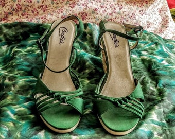 Vintage Candies Green Canvas Espadrilles-Ankle Strap Multi-Colored Woven 1970's-1940's Look Pin Up Heels