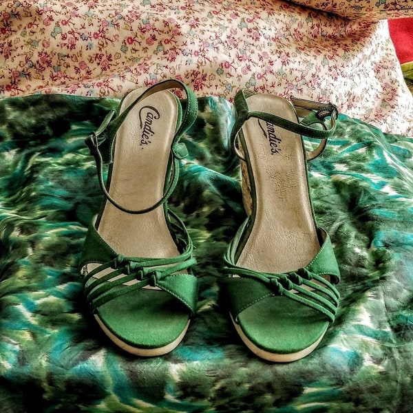 Vintage Candies Green Canvas Espadrilles-Ankle Strap Multi-Colored Woven 1970's-1940's Look Pin Up Heels