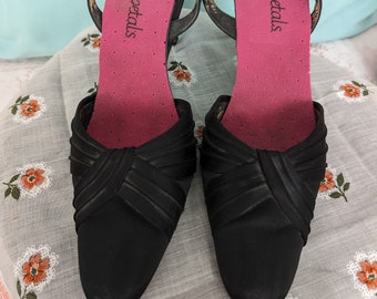 Vintage Black Satin Slingback Heels, 1950s Gothic Costume Shoes (Size 9.5)